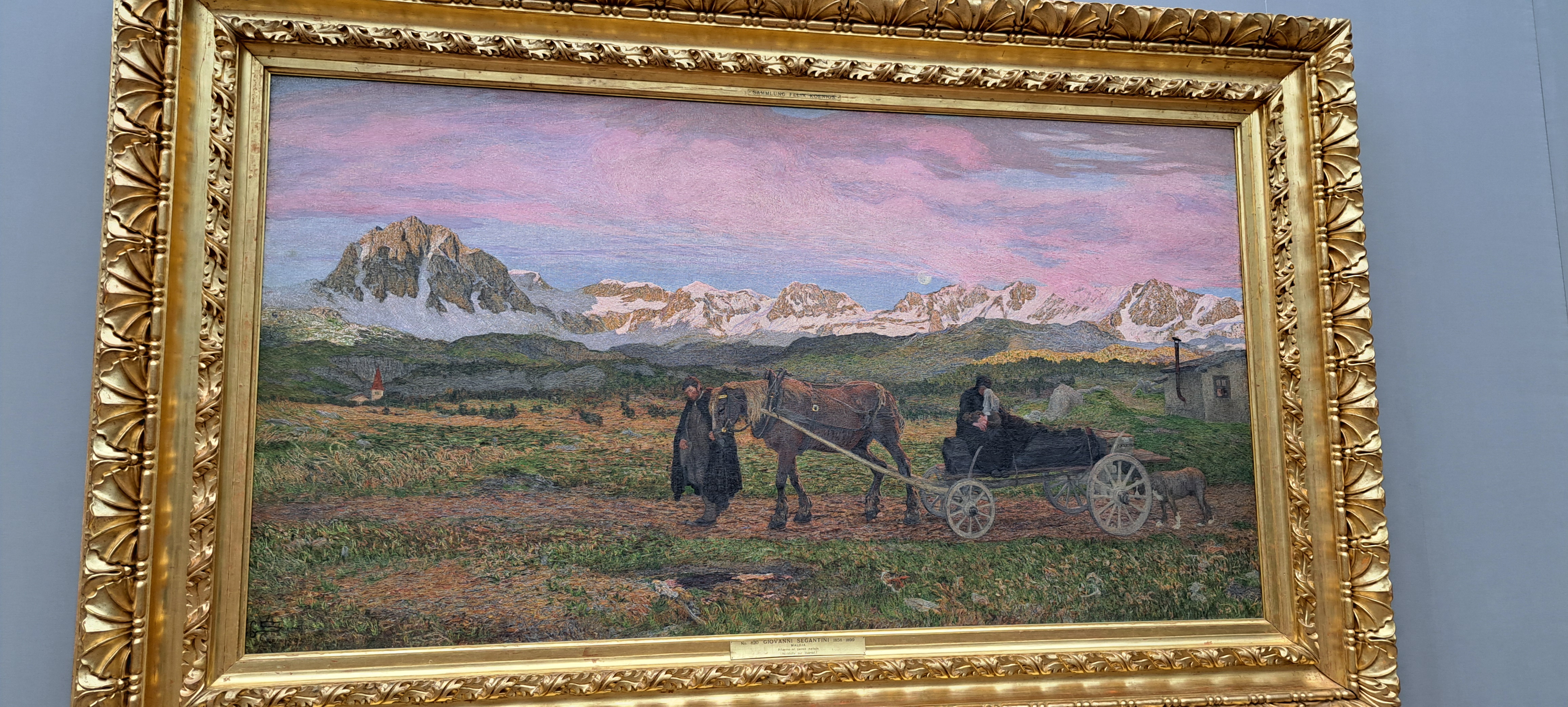 Sonnenaufgangsbild, Berge, Pferdewagen im Vordergrund, impressionistisch