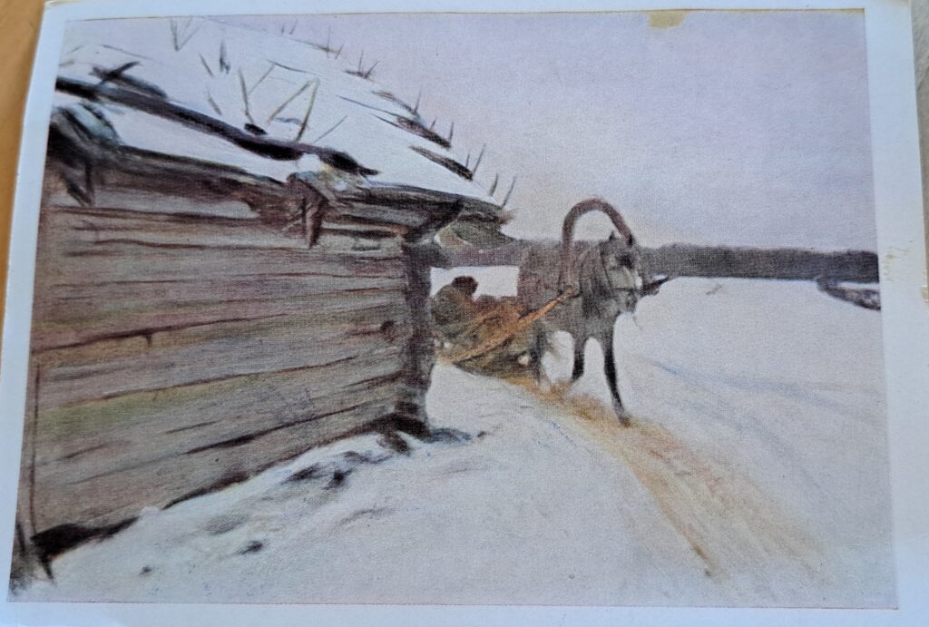 Postkarte, Schlitten mit Pferd im Schnee neben Holzhütte