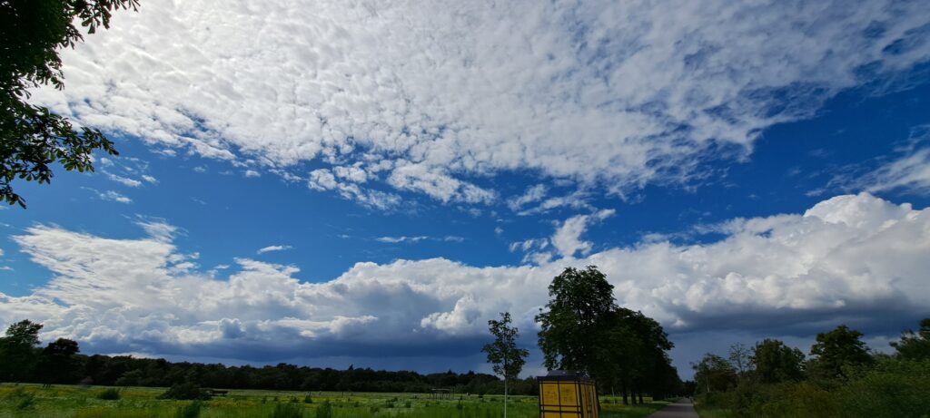 Blick über eine grüne Heidelandschaft bis zum dunkelgrünen Waldrand. Vorne ein gelbes Häusschen, am Himmel ziehen sich sonnenbeschiene weiße Wolken zu Regenwolken zusammen.