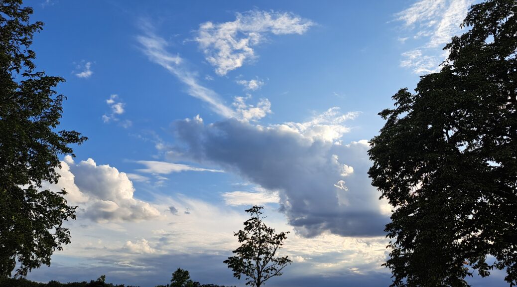 Blauer Abendhimmel mit weißen seitlich von der Sonnen beschienenen Wolken. Links und rechts im Bild ein grüner Baum-