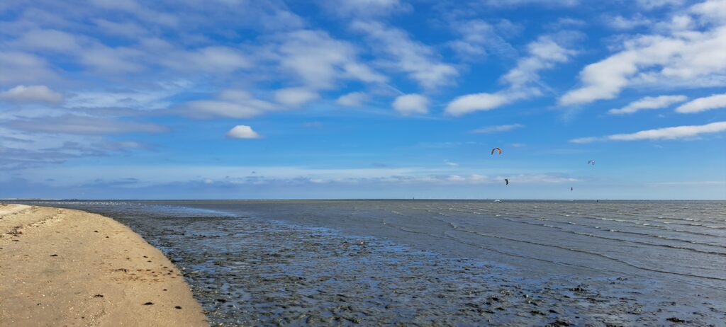Watt, Nordsee, in der Ferne Kitesurferschirme am HImmel
