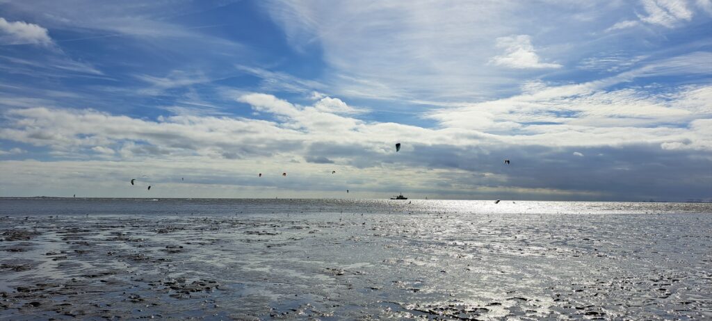 vorne das Watt hinten ist Wasser erkennbar, viele Kitesurferschirme am HImmel