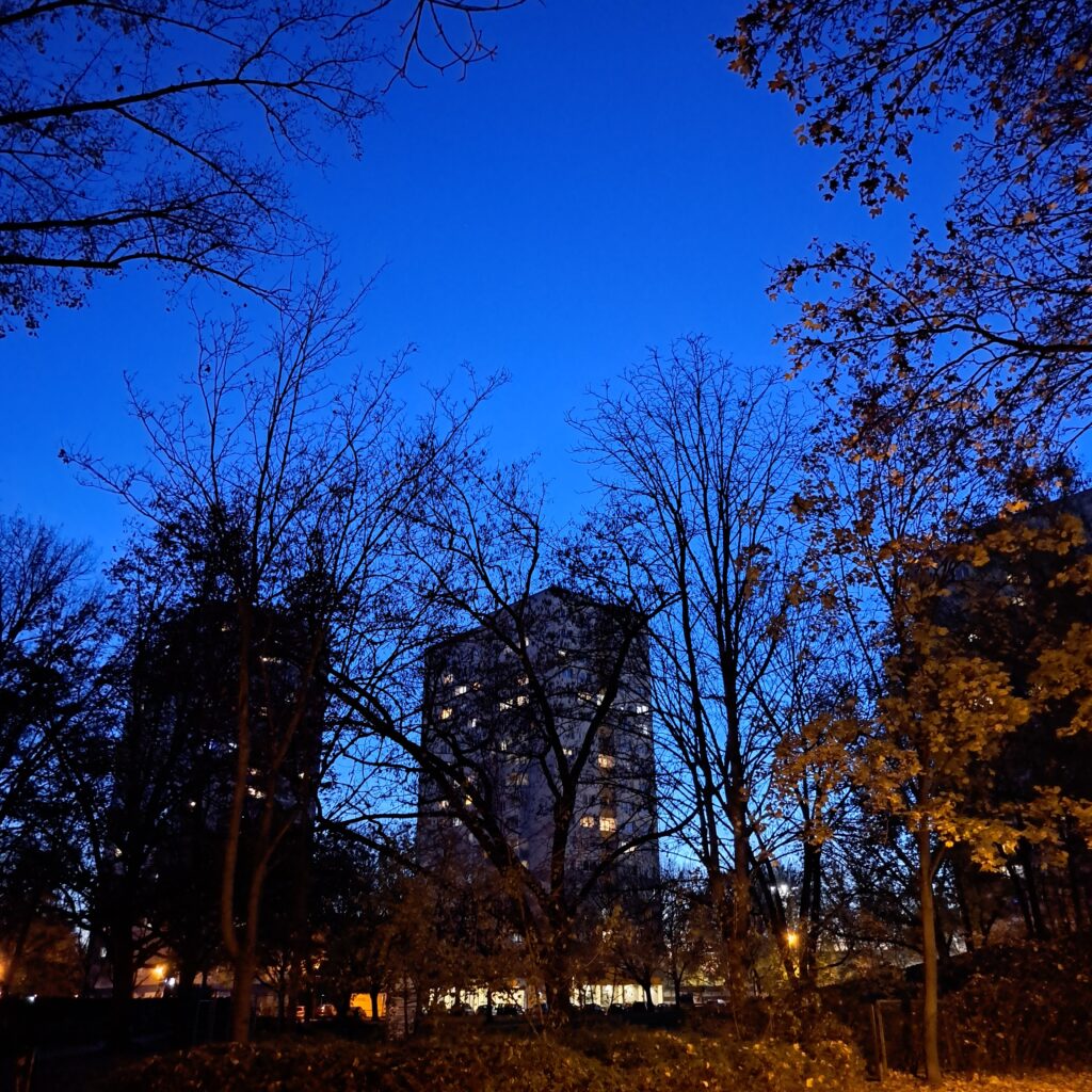 Aufnahmen, die den dunkelblauen Nachhimmel in Berlin zeigen, orange leuchtende Straßenlaternen und beleuchtete Fenster in Hochhäusern sowie fast kahle herbstliche Bäume sind zu sehen.